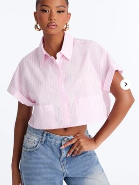 Fashion Nova Pink Striped Cropped Button-Front Shirt